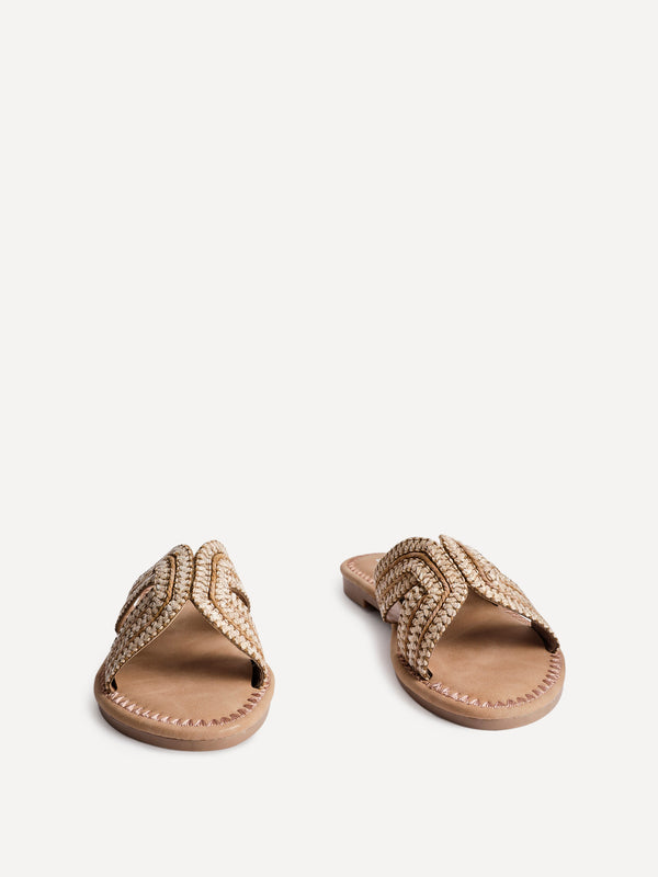Linzi Nude Raffia Link Design Flat Slider Sandal