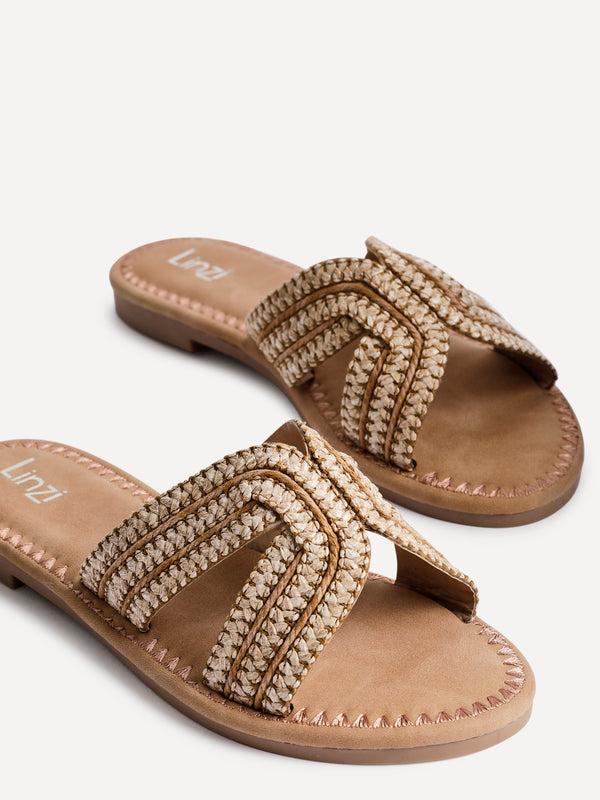 Linzi Nude Raffia Link Design Flat Slider Sandal