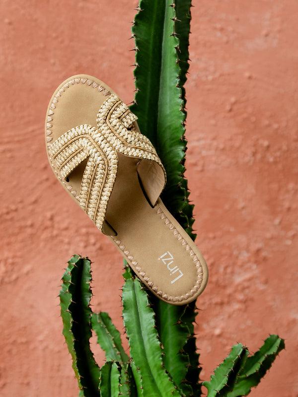 linzi Nude Raffia Link Design Flat Slider Sandal