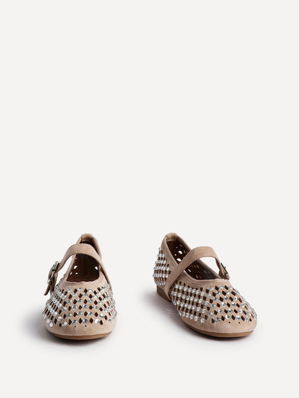 Linzi Nude Suede Diamante Embellished Ballet Pumps