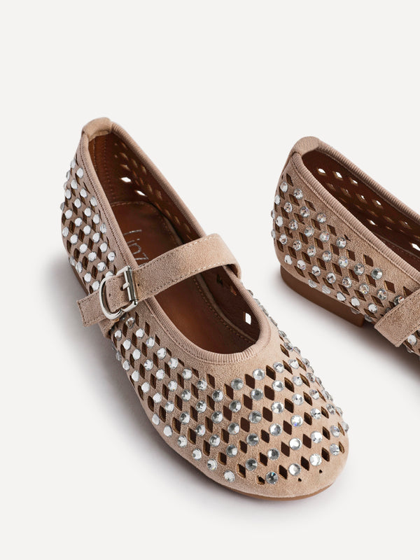Linzi Nude Suede Diamante Embellished Ballet Pumps
