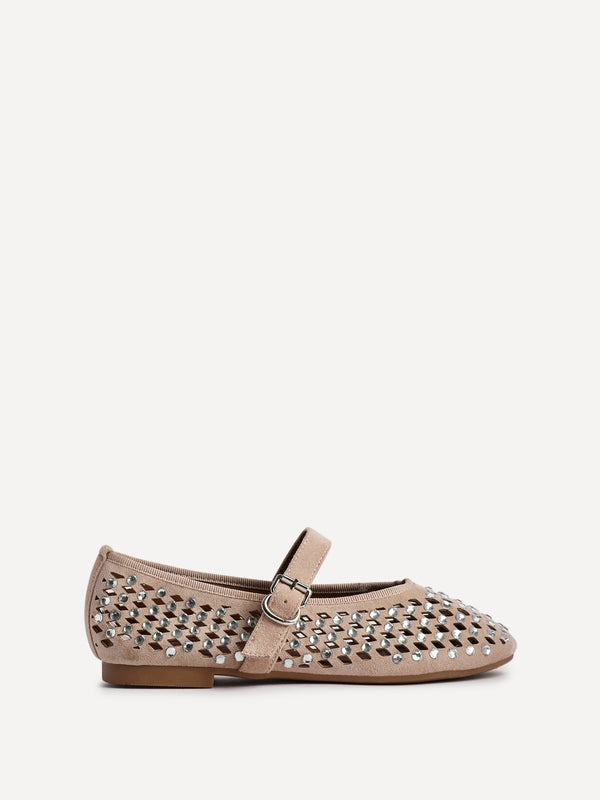 Linzi Nude Suede Diamante Embellished Ballet Pumps