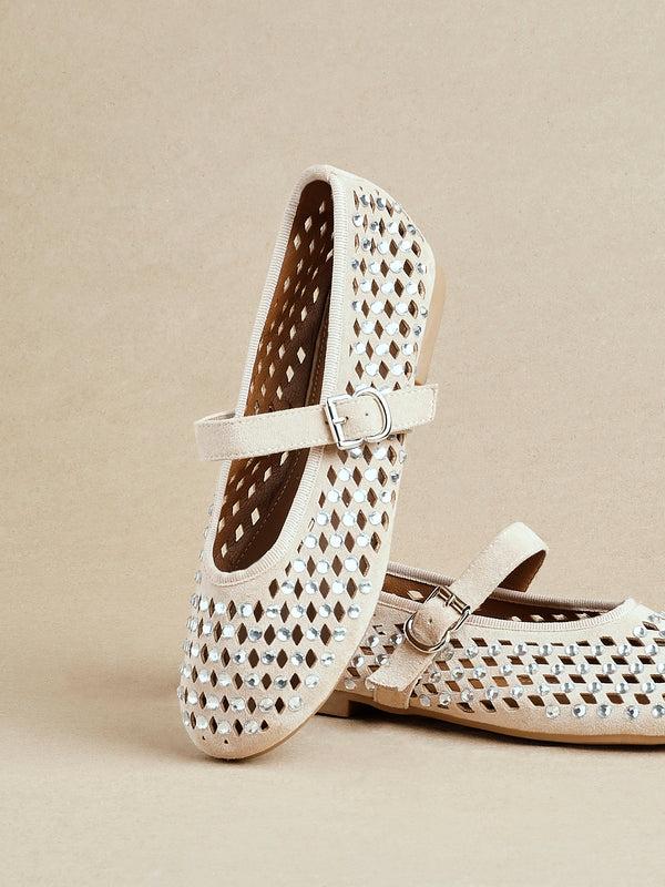 linzi Nude Suede Diamante Embellished Ballet Pumps