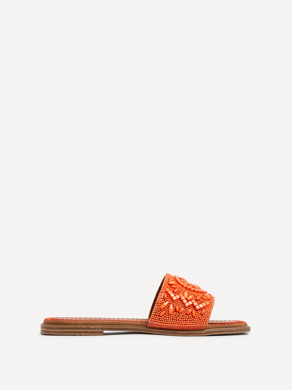 Linzi Orange Beaded Flat Slider Sandal