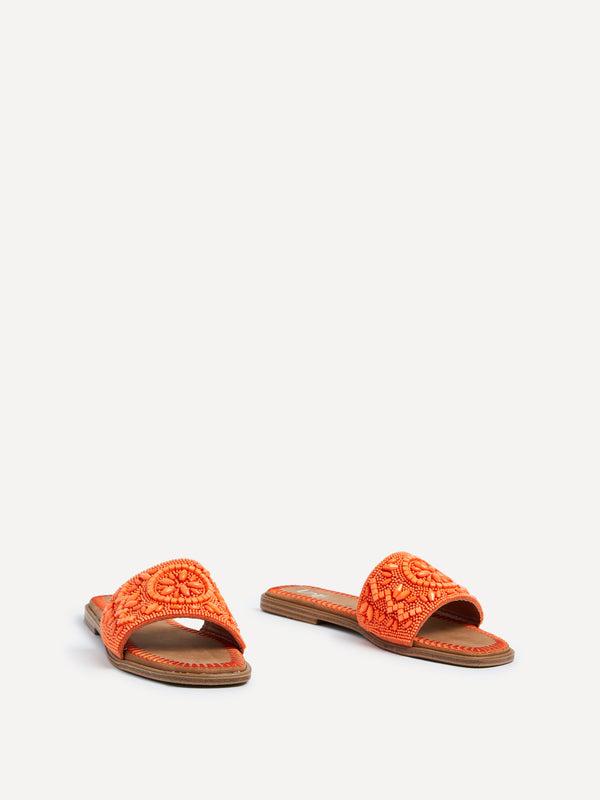 Linzi Orange Beaded Flat Slider Sandal
