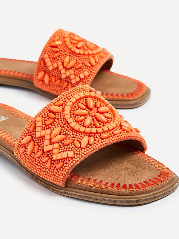 Linzi Orange Beaded Flat Slider Sandal