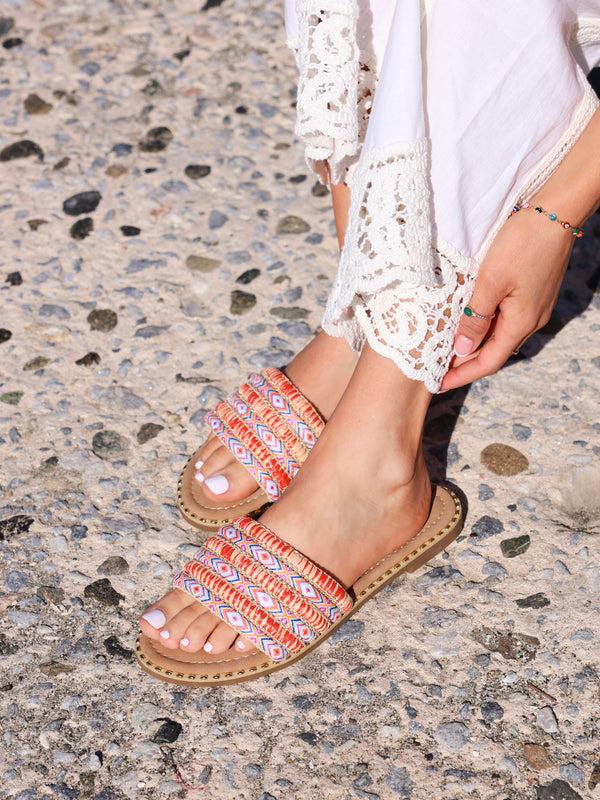 linzi Orange Bohemian Inspired Flat Slider Sandal