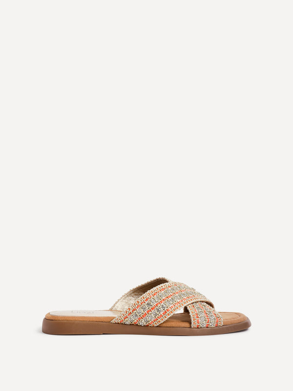 Linzi Orange Embellished Raffia Flat Slider Sandal
