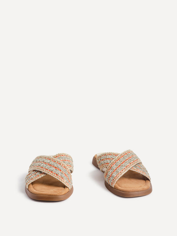 Linzi Orange Embellished Raffia Flat Slider Sandal
