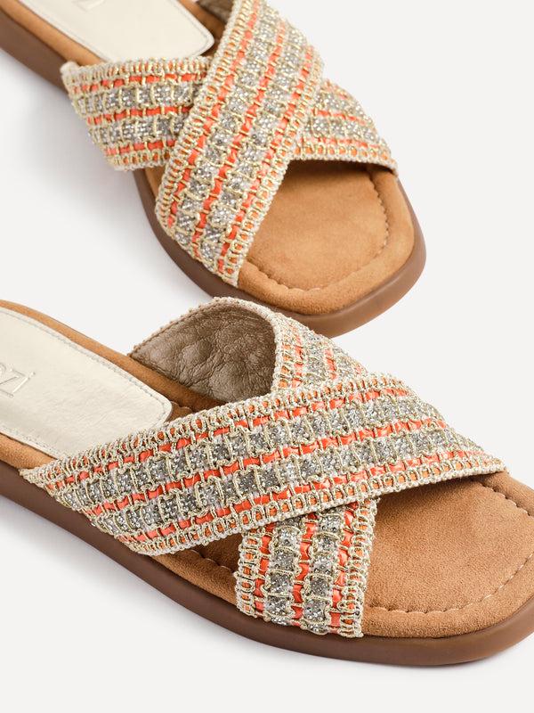 Linzi Orange Embellished Raffia Flat Slider Sandal