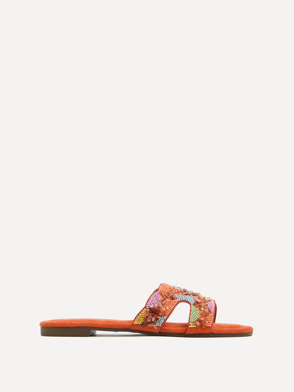 Linzi Orange Faux Suede Embellished Slider Sandal