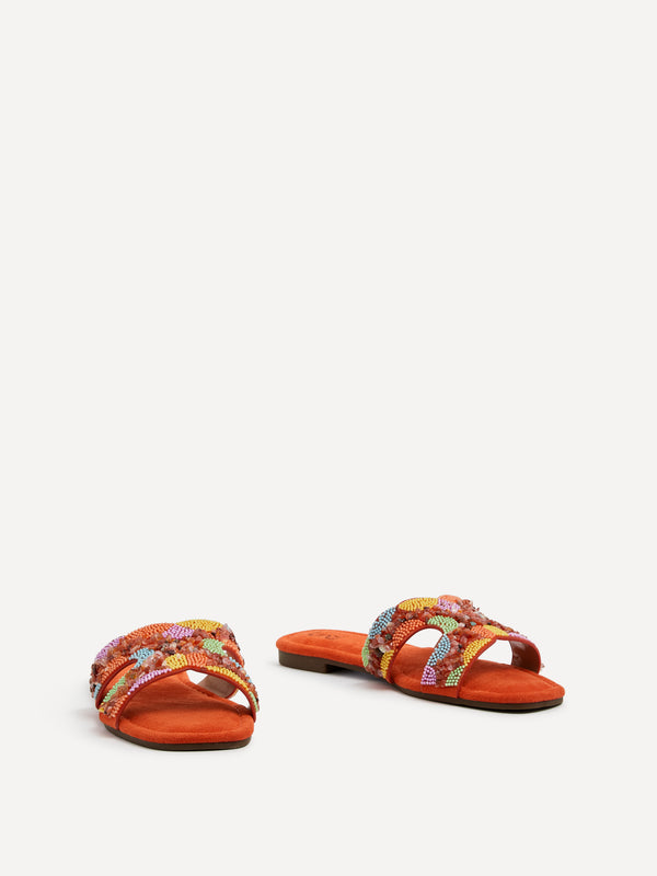Linzi Orange Faux Suede Embellished Slider Sandal