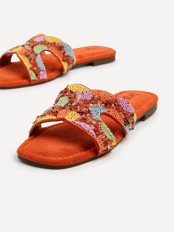 Linzi Orange Faux Suede Embellished Slider Sandal