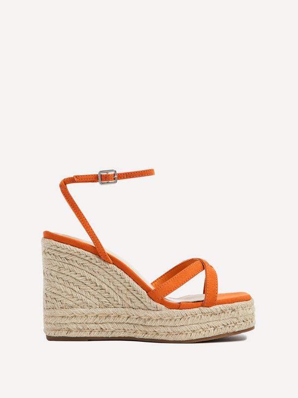 Linzi Orange Faux Suede Strappy Rope Wedge