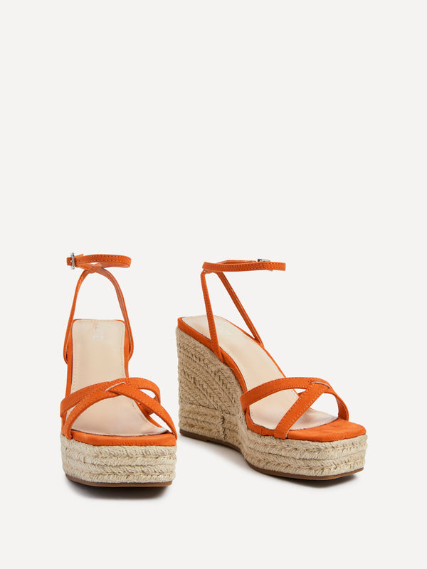 Linzi Orange Faux Suede Strappy Rope Wedge