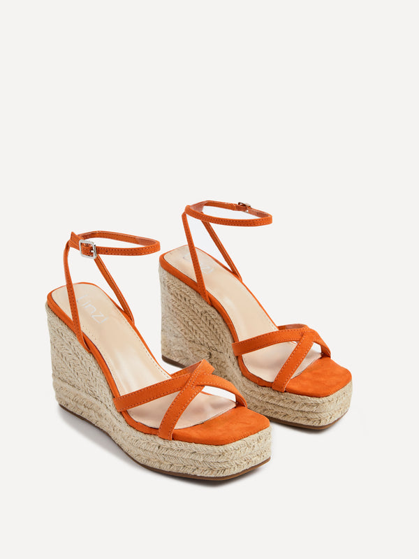 Linzi Orange Faux Suede Strappy Rope Wedge