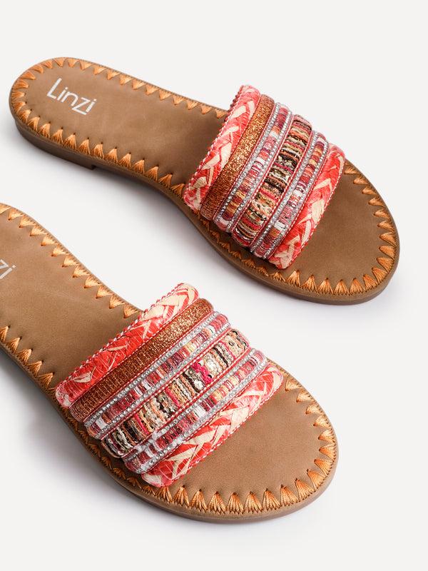 Linzi Orange Woven Embellished Flat Sandals
