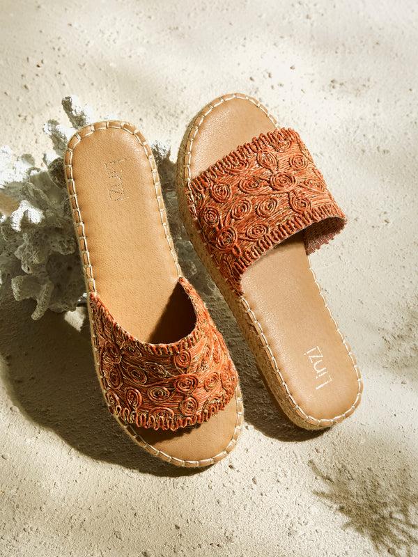 linzi Orange Woven Flat Slider Sandal