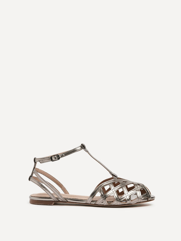 Linzi Pewter Faux Leather Caged Flat Sandal