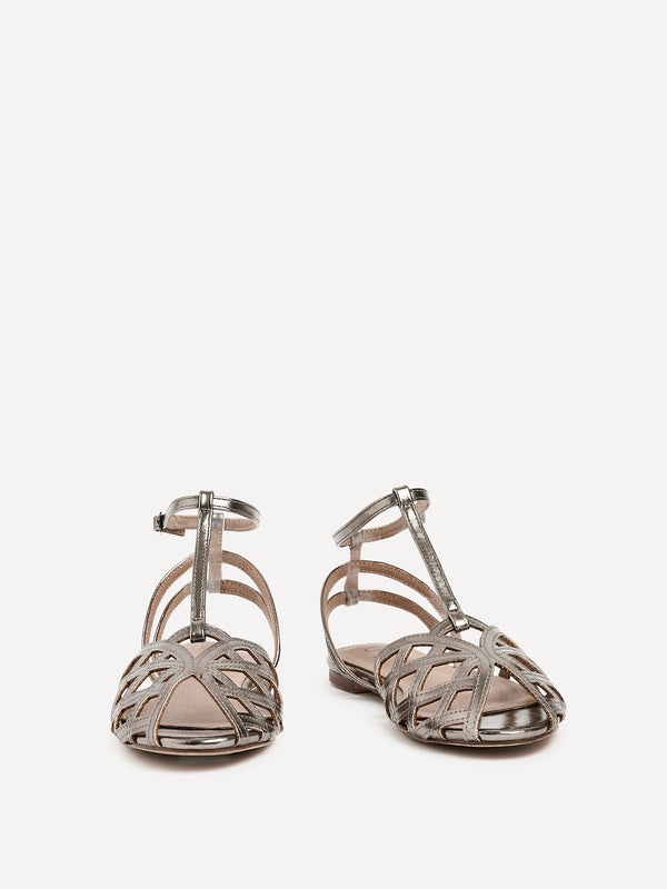 Linzi Pewter Faux Leather Caged Flat Sandal