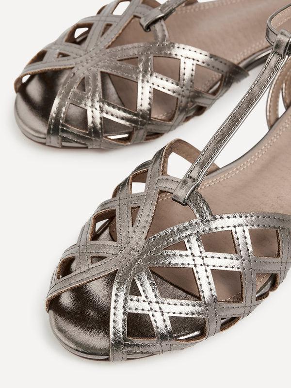 Linzi Pewter Faux Leather Caged Flat Sandal