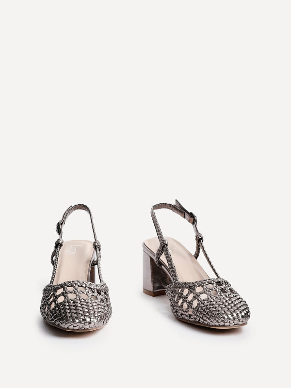 Linzi Pewter Faux Leather Hand Woven Court Heels