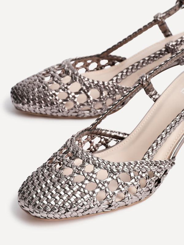 Linzi Pewter Faux Leather Hand Woven Court Heels