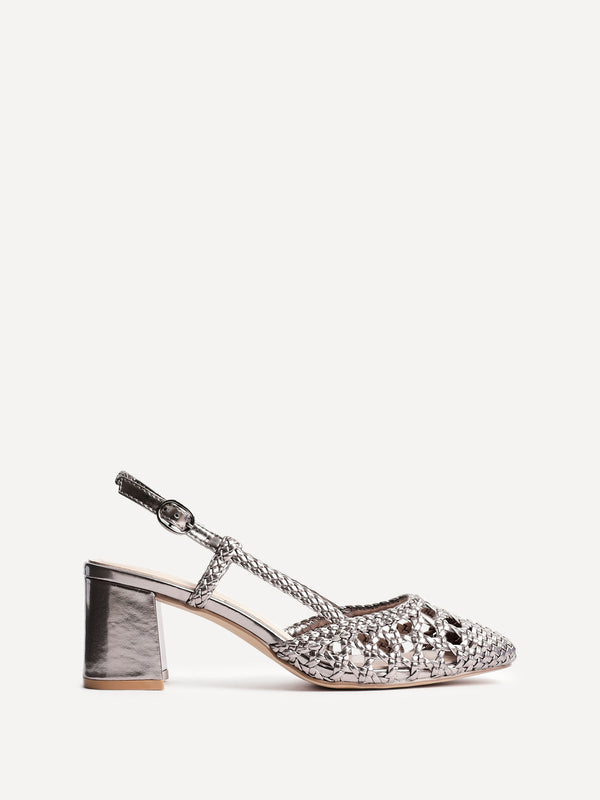 Linzi Pewter Faux Leather Hand Woven Court Heels