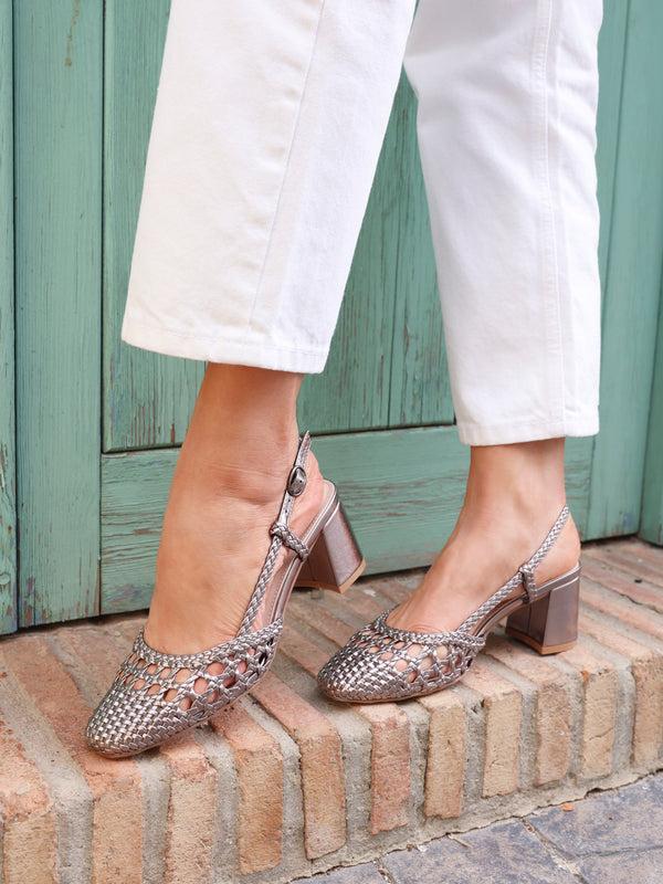 linzi Pewter Faux Leather Hand Woven Court Heels
