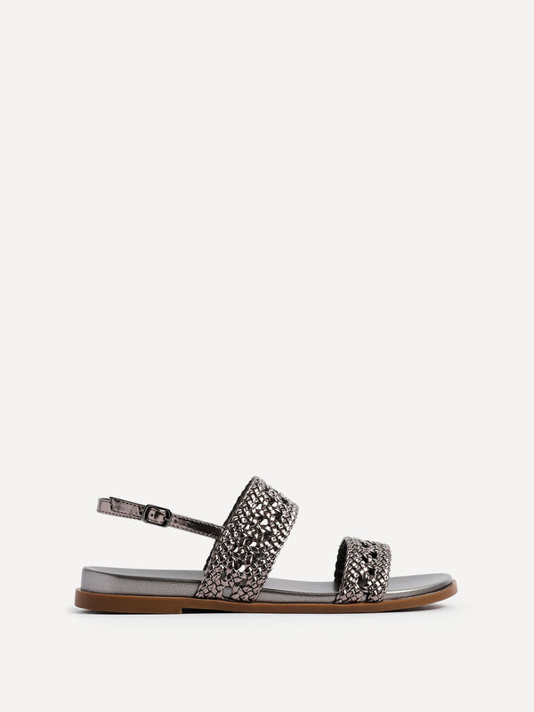 Linzi Pewter Faux Leather Handwoven Flat Sandals