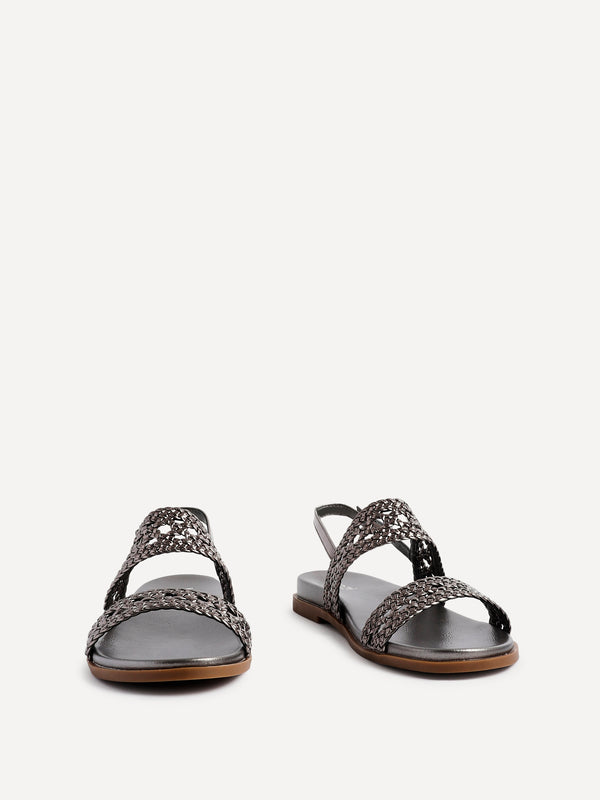 Linzi Pewter Faux Leather Handwoven Flat Sandals