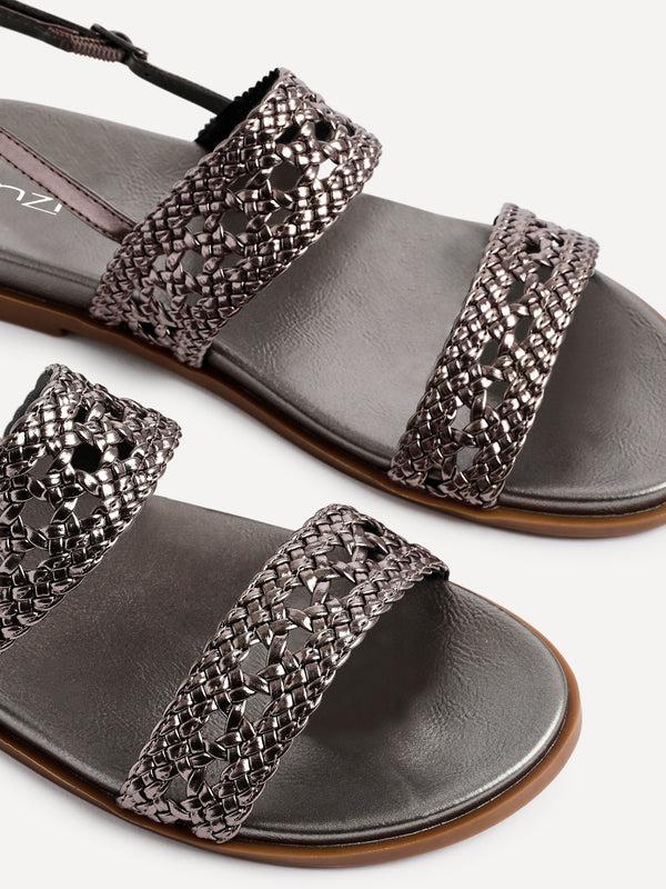 Linzi Pewter Faux Leather Handwoven Flat Sandals