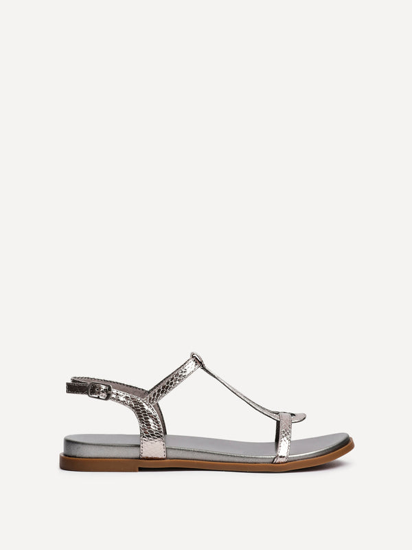 Linzi Pewter Faux Leather Textured T-Bar Sandals