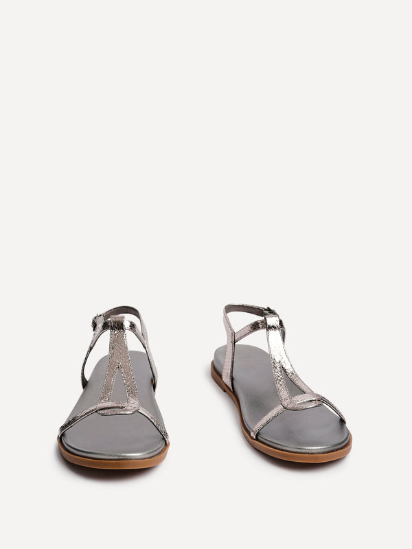 Linzi Pewter Faux Leather Textured T-Bar Sandals