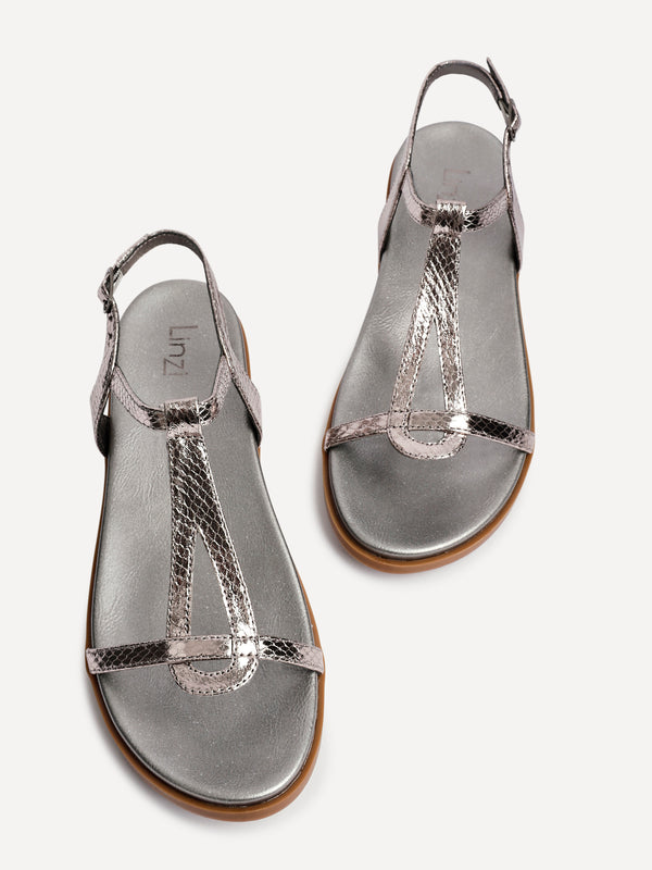 Linzi Pewter Faux Leather Textured T-Bar Sandals
