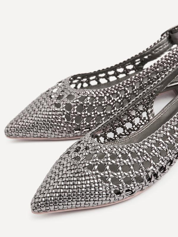 Linzi Pewter Faux Leather Woven Ballet Flats