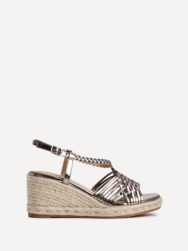 Linzi Pewter Faux Leather Woven Espadrille Wedge