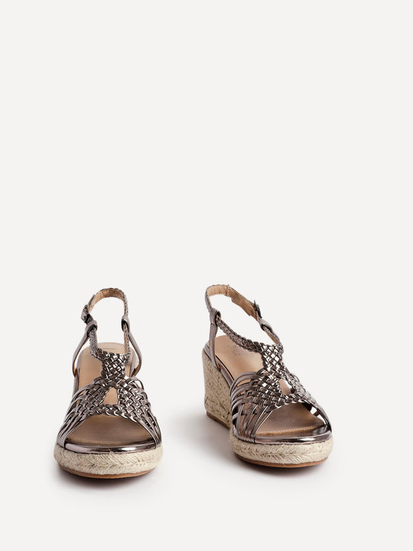 Linzi Pewter Faux Leather Woven Espadrille Wedge