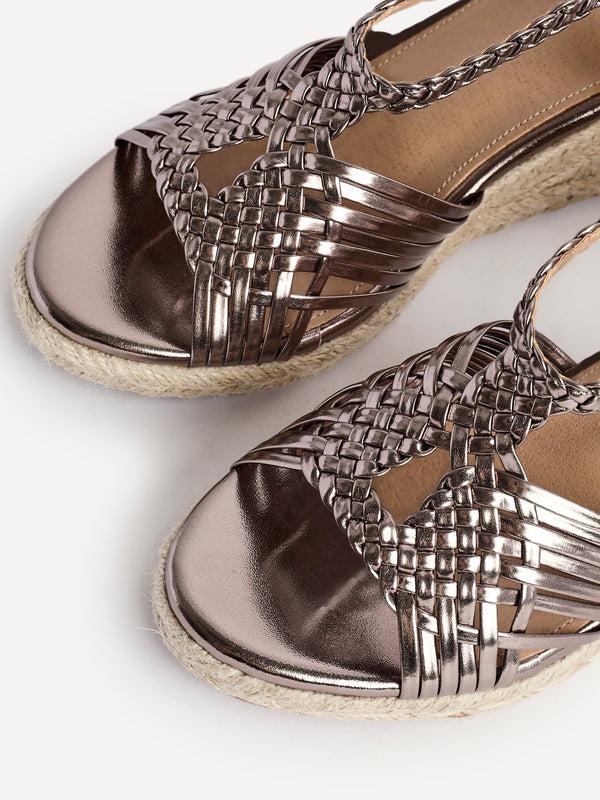 Linzi Pewter Faux Leather Woven Espadrille Wedge
