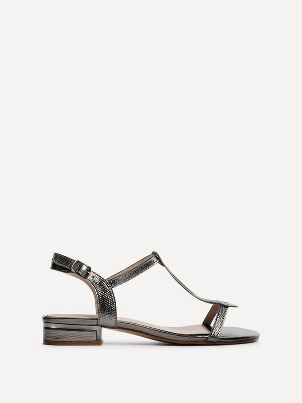 Linzi Pewter Lizard T-Bar Looped Low Block Sandal