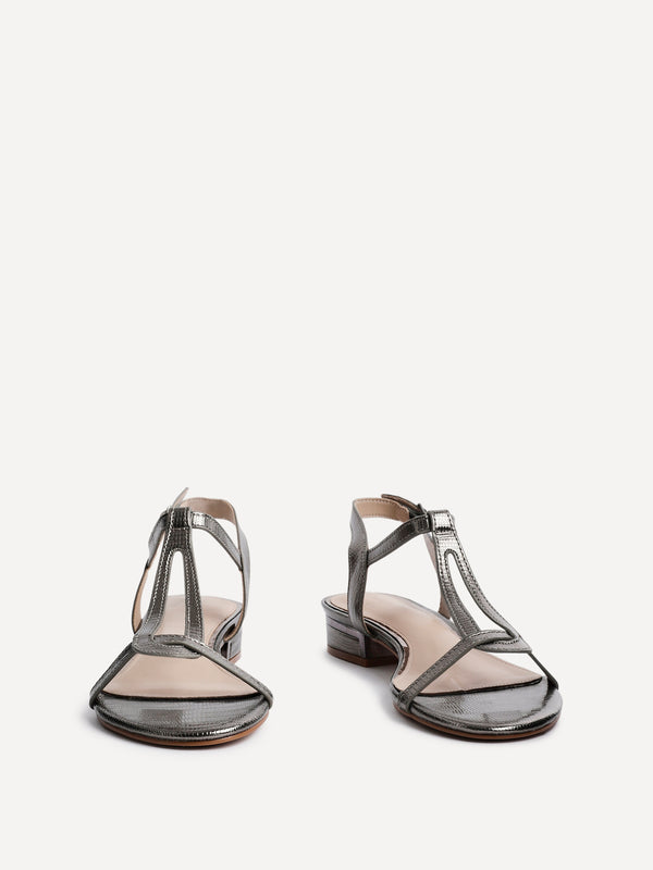 Linzi Pewter Lizard T-Bar Looped Low Block Sandal