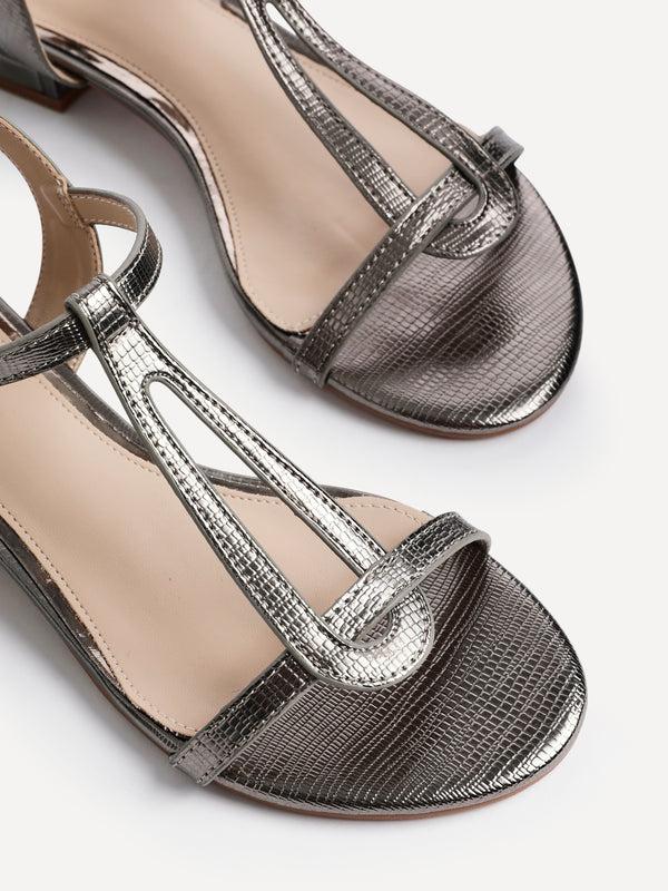 Linzi Pewter Lizard T-Bar Looped Low Block Sandal