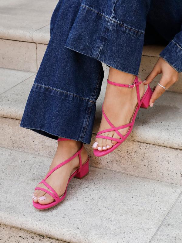 linzi Pink Faux Suede Strappy Low Block Sandal