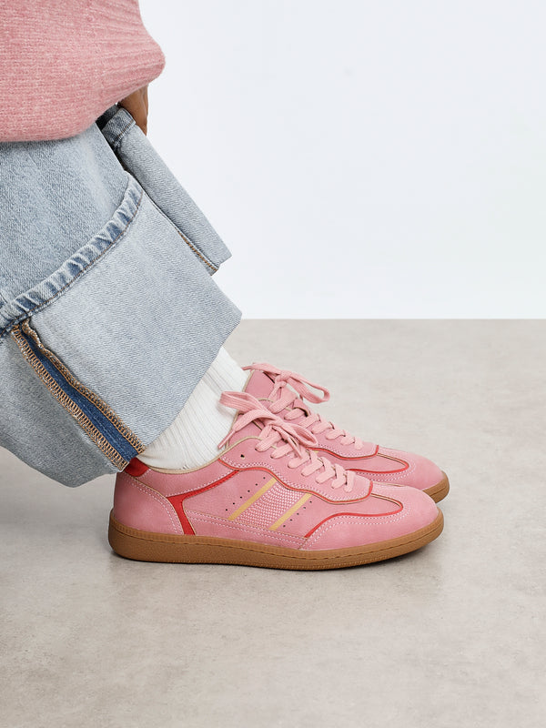 linzi Pink & Red Retro Style Trainers With Gum Sole