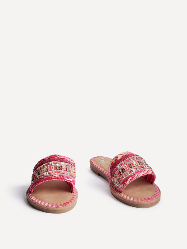 Linzi Pink Woven Embellished Flat Sandals
