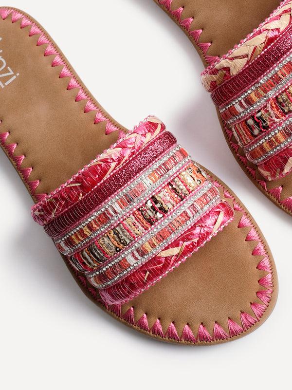 Linzi Pink Woven Embellished Flat Sandals