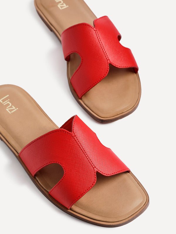 Linzi Red Faux Leather Link Design Flat Sandal