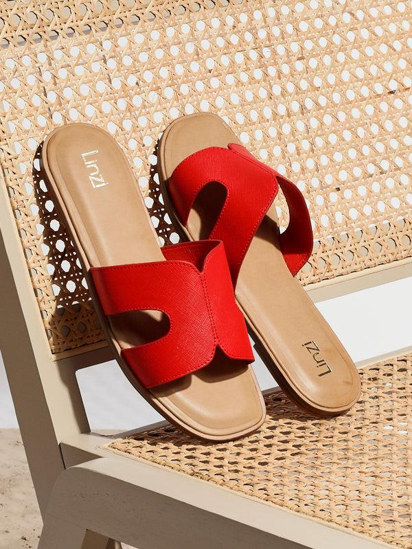 linzi Red Faux Leather Link Design Flat Sandal