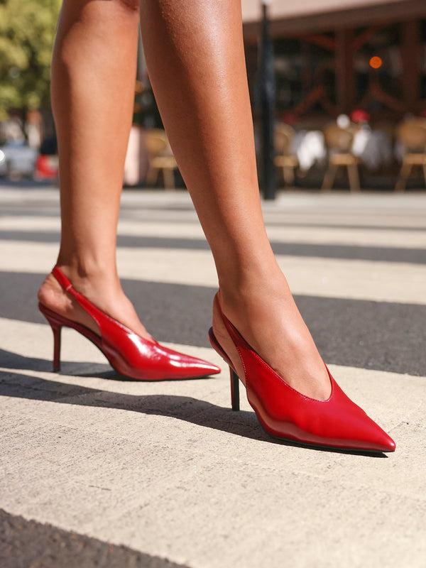 linzi Red Faux Leather Sling Back Court Heels