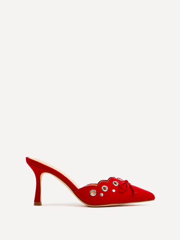linzi Red Faux Suede Pointed Mule With Bow Detail